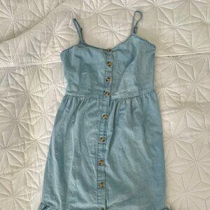 Light Blue Chambray Button-Down Sundress with Ruffle Hem – Women’s Size Small